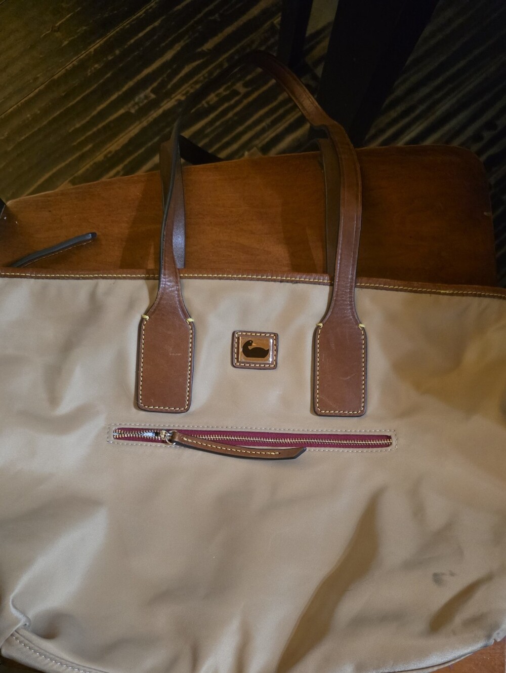 Dooney & Bourke Tan Nylon Tote with Brown Leather Trim